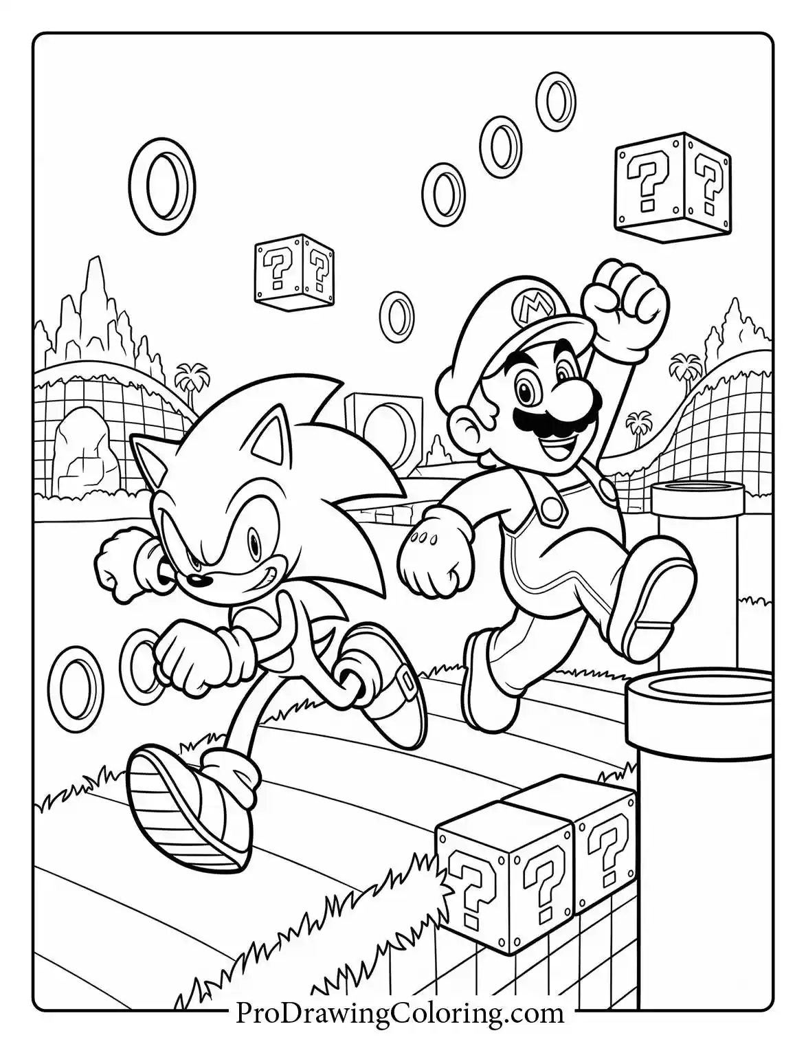 Mario and Sonic running and jumping together in a classic video game level, an exciting scene for mario and sonic coloring pages.