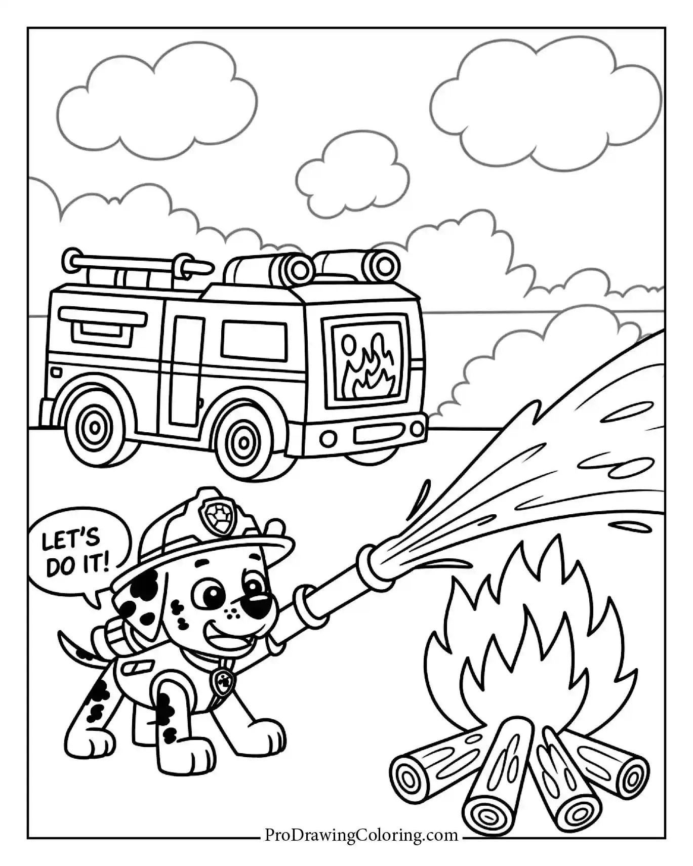 Marshall paw patrol coloring page in a fire rescue mission