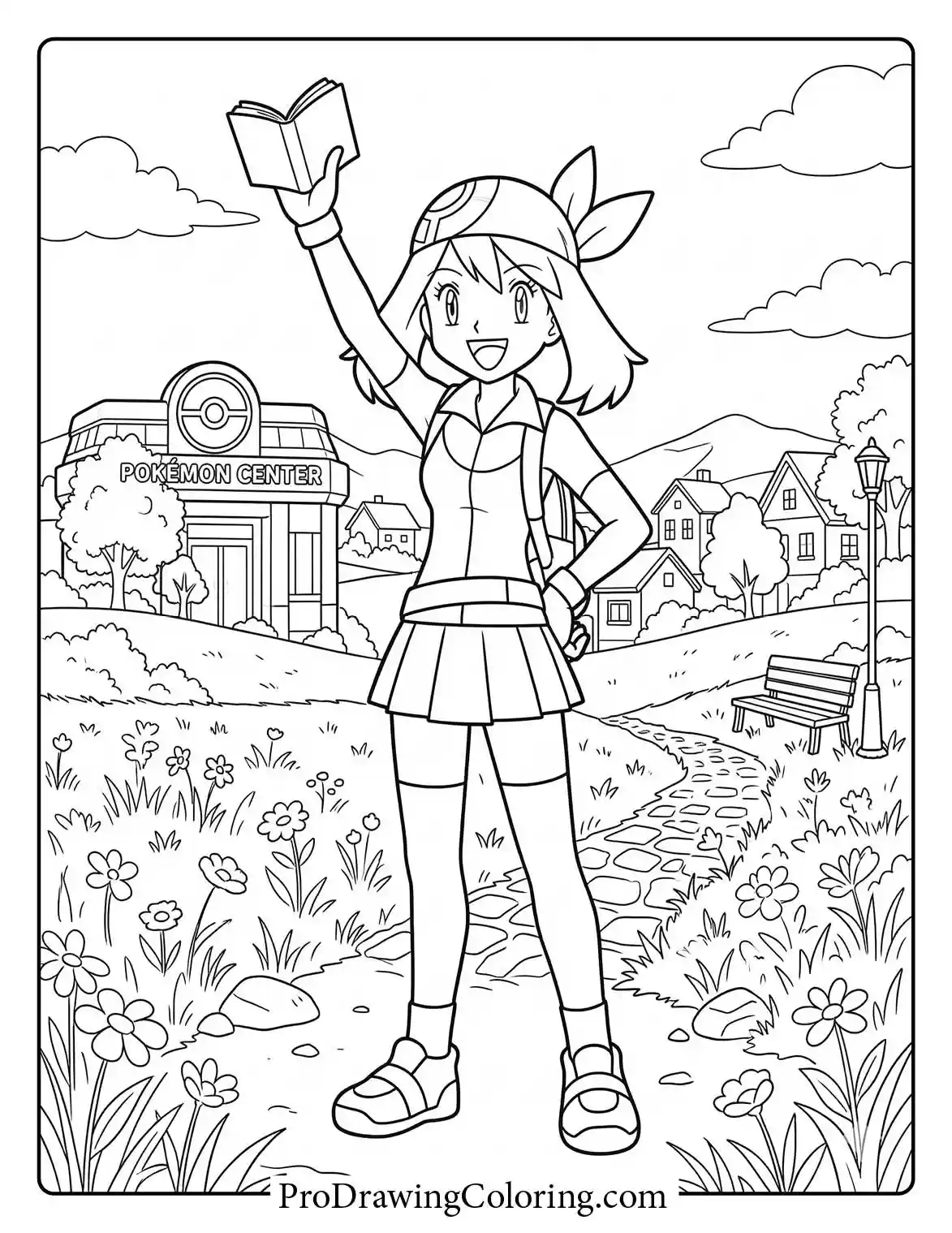 May stands in front of a medical center in a village, a detailed Pokemon colouring page.