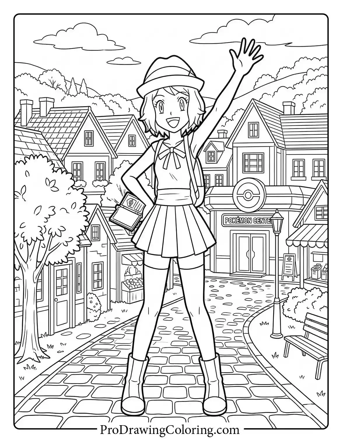 May stands in a cobblestone street in a charming town, a mignon Pokemon colouring sheet.