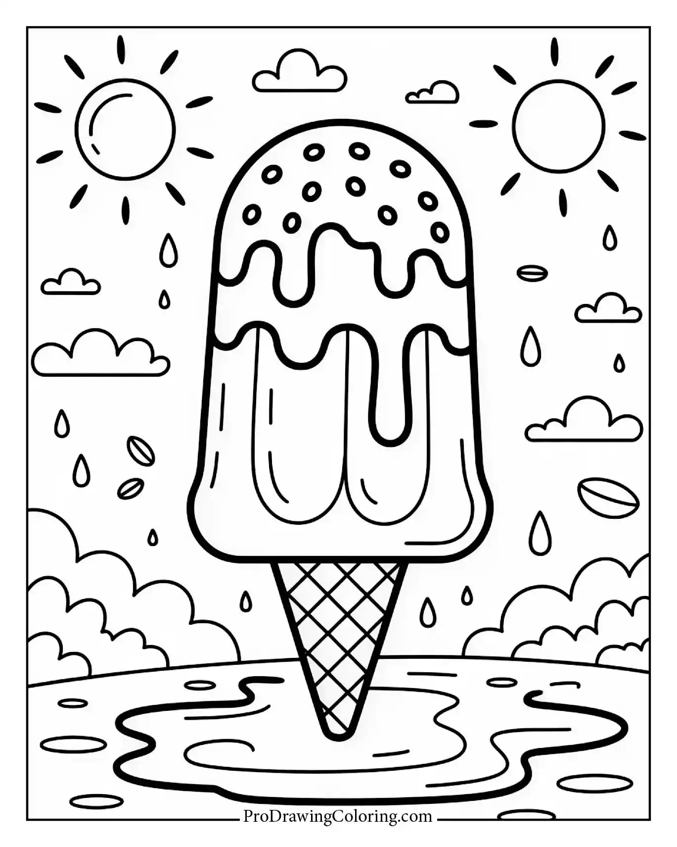 Printable ice cream coloring page featuring melting ice cream on a hot day