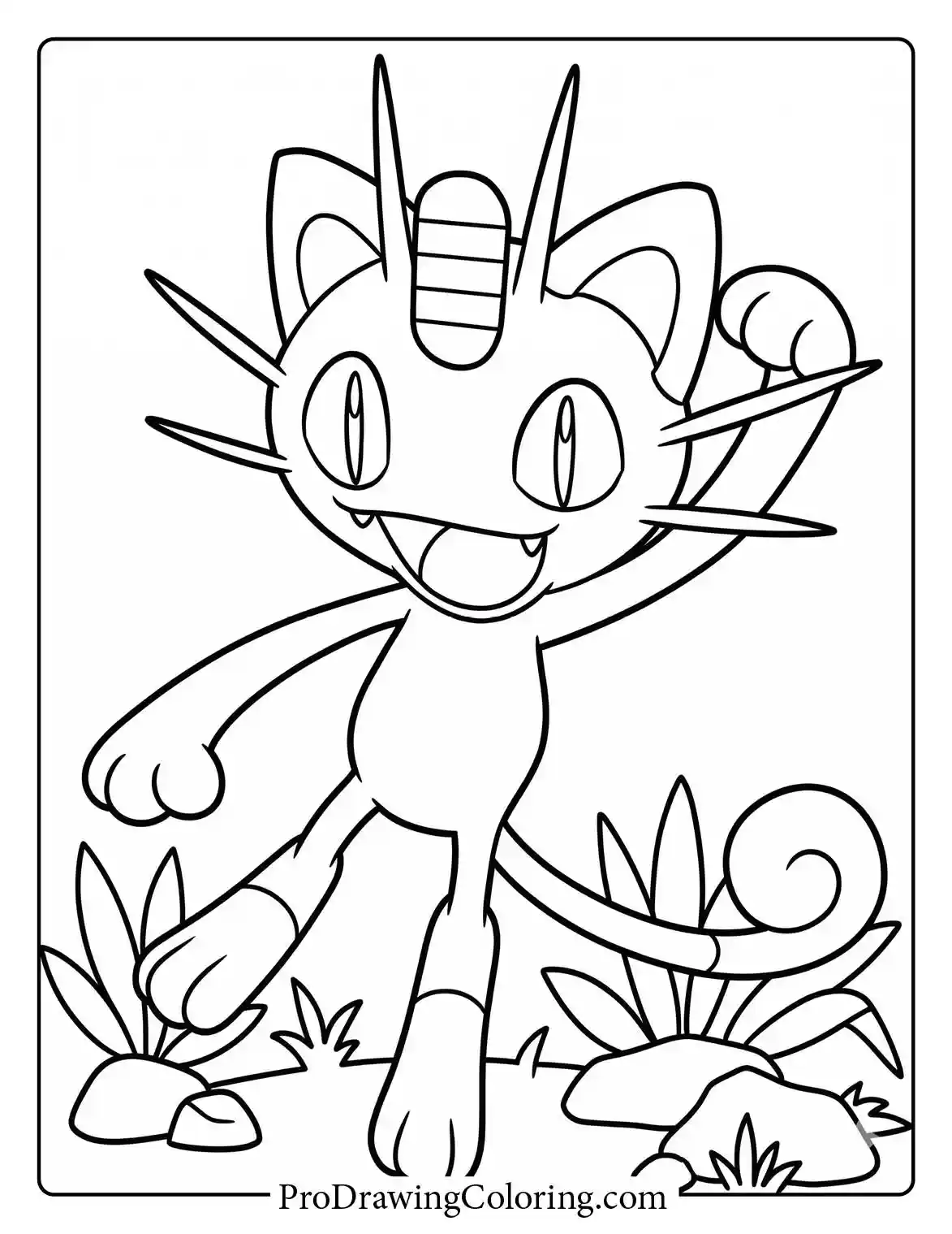 Meowth stands cheerfully on a grassy patch, striking a playful pose with its claws out and a very big smile, a simple Pokemon printable.