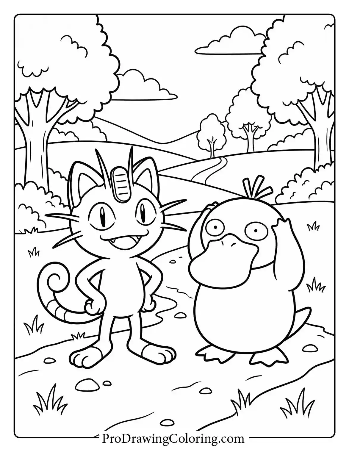 Coloring page showing Meowth and Psyduck standing side by side on a dirt path, looking curious and ready for an upcoming adventure together.