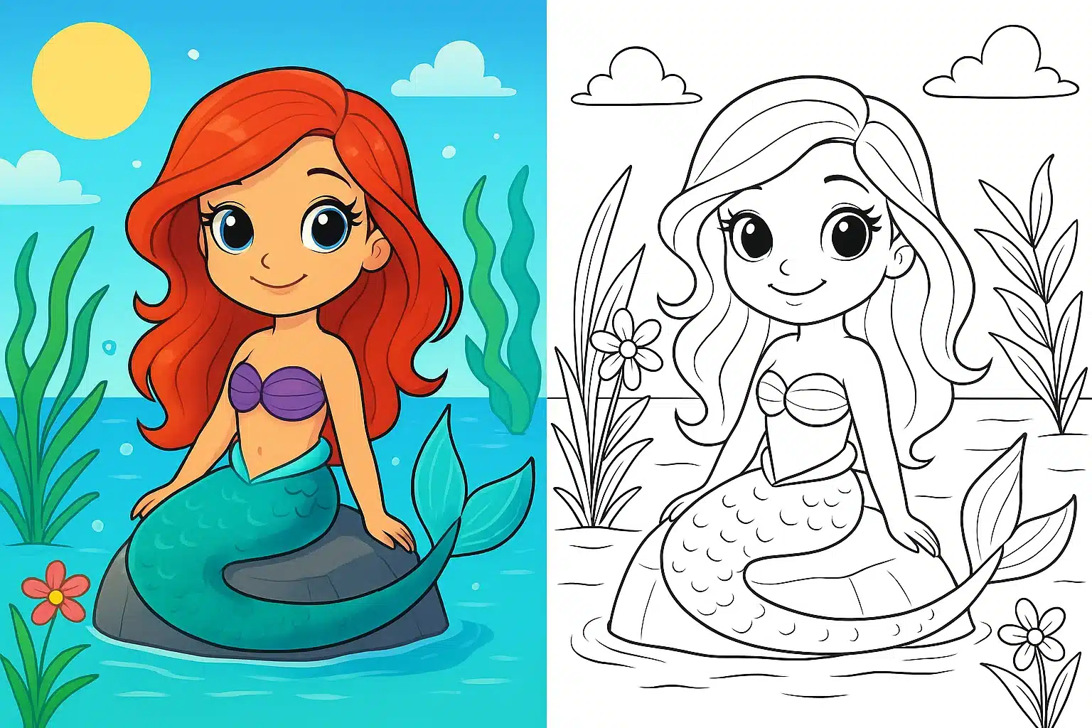 mermaid coloring pages – cute cartoon mermaid with long red hair sitting on a rock in the ocean; left side fully colored, right side black-and-white mermaid coloring page for kids