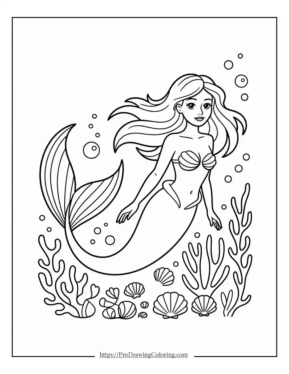 Intricate mermaid tail design with artistic details, relaxing adult coloring page