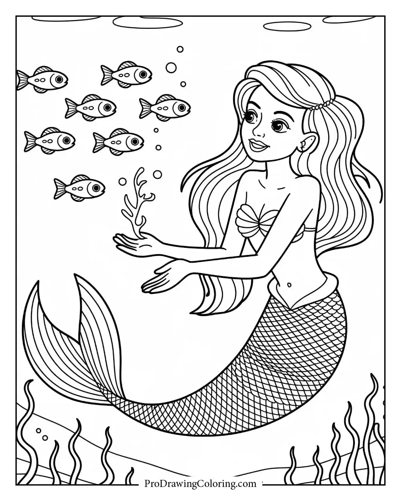 Beautiful mermaid feeding small fishes, printable fish coloring page for kids.