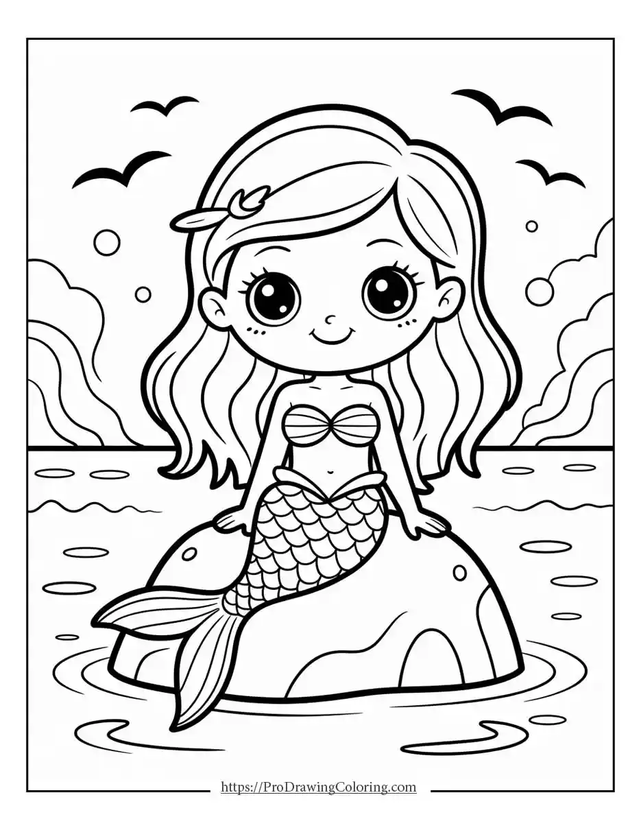 Cute mermaid sitting on rock with simple sea background, easy coloring page for kids