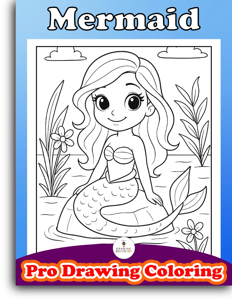 A super cute mermaid girl sitting on a rock, free printable cartoon coloring sheet in pdf format.