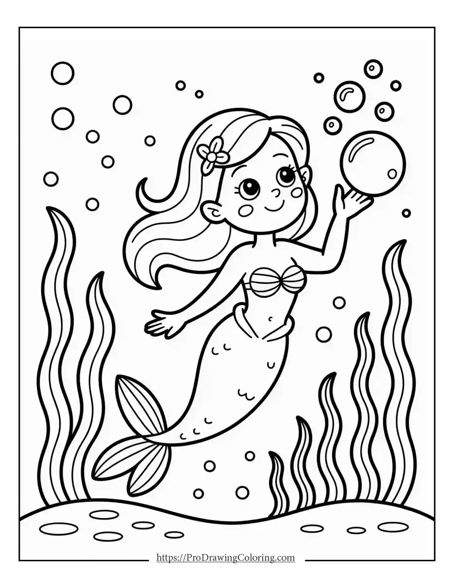 Mermaid playing underwater surrounded by bubbles and sea grass, easy for kids