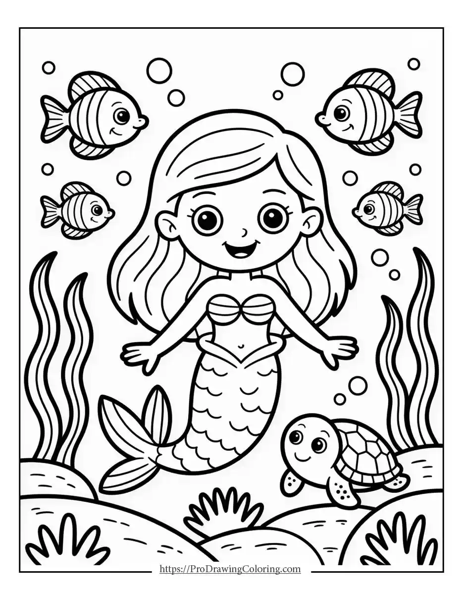 Mermaid playing with sea animals like fish and starfish, cute cartoon coloring page