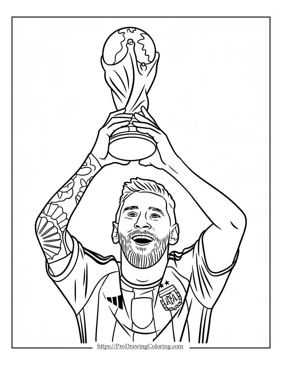 Messi soccer coloring pages showing a famous player lifting the World Cup trophy