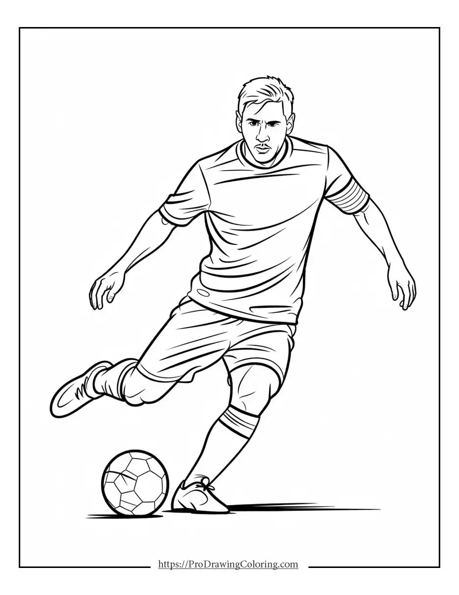 Action soccer coloring page showing a player dribbling the ball during a match