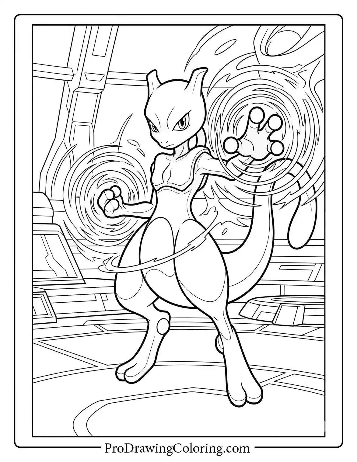 Printable Pokemon coloring page of the legendary Mewtwo powering up a psychic energy attack, standing inside a high-tech laboratory or battle arena with glowing rings.