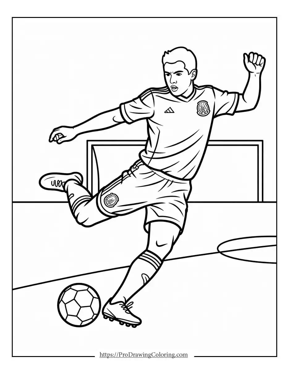 Dynamic soccer scene showing a player kicking the ball toward the goal with strong motion