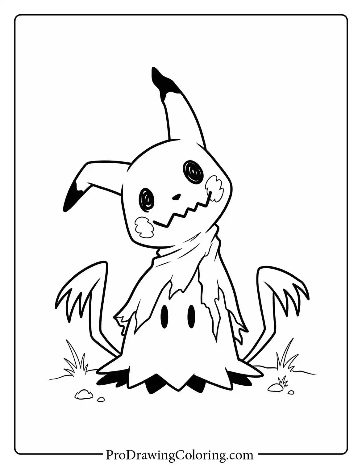Printable Pokemon coloring page of Mimikyu sitting quietly, wearing its famous ragged Pikachu disguise, looking slightly creepy but very cute in a simple empty setting.