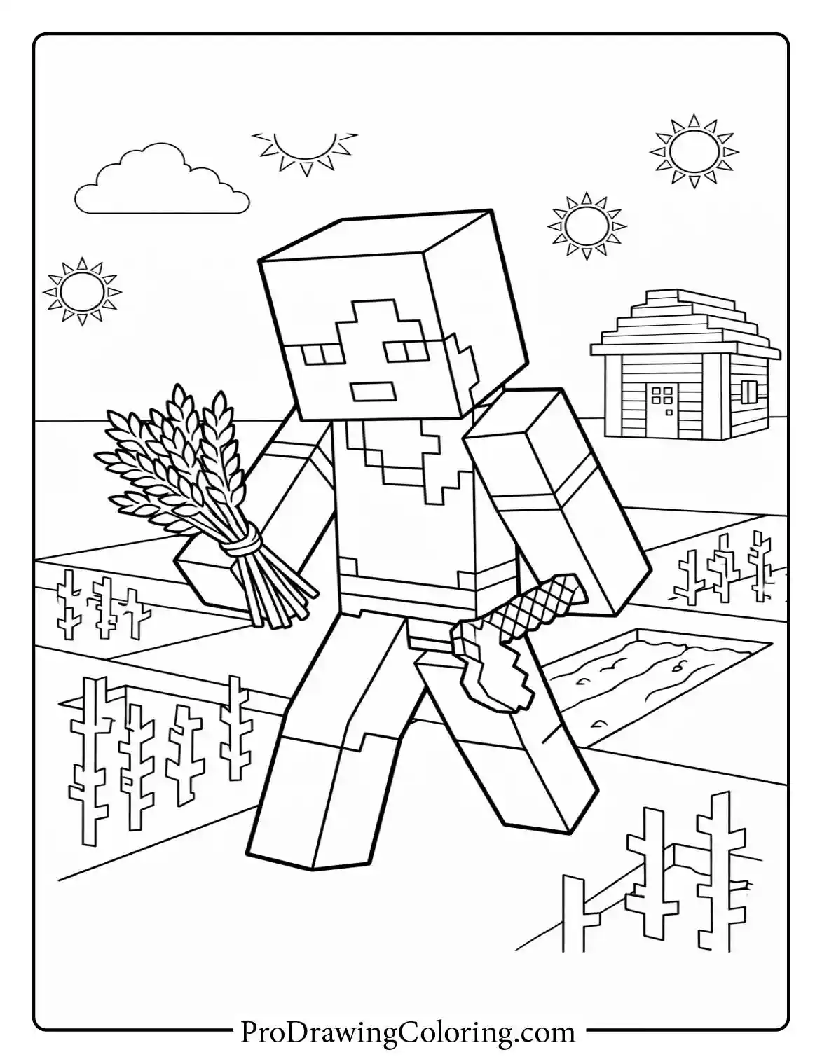 An easy colouring sheet minecraft of Alex farming wheat in a field with a small wooden house and sun in the background.