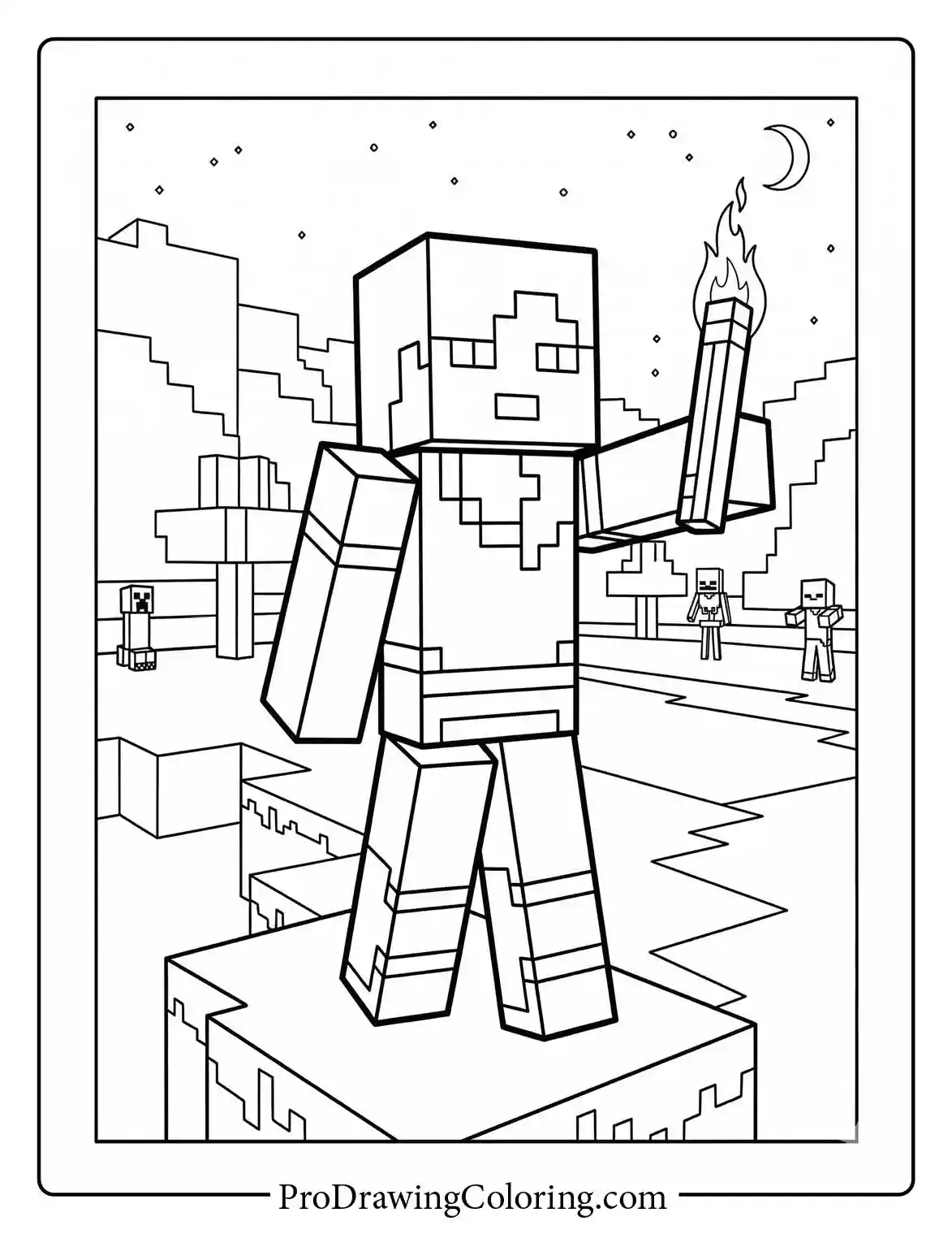 An atmospheric minecraft sheet of Alex confidently holding a bright torch to light up the dark blocky night sky.