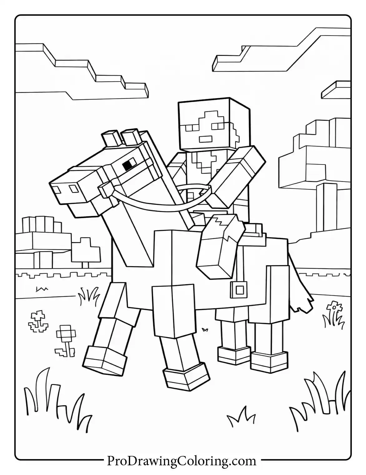 A fun minecraft alex riding a horse printable to print, showing the brave character exploring the open pixelated world on horseback.