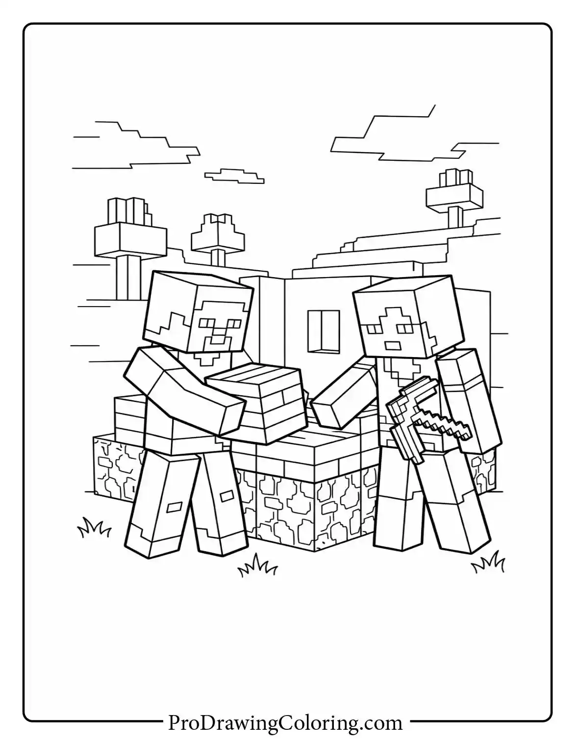 A creative printable minecraft picture of Alex and Steve working together to build a strong base out of cobblestone blocks.