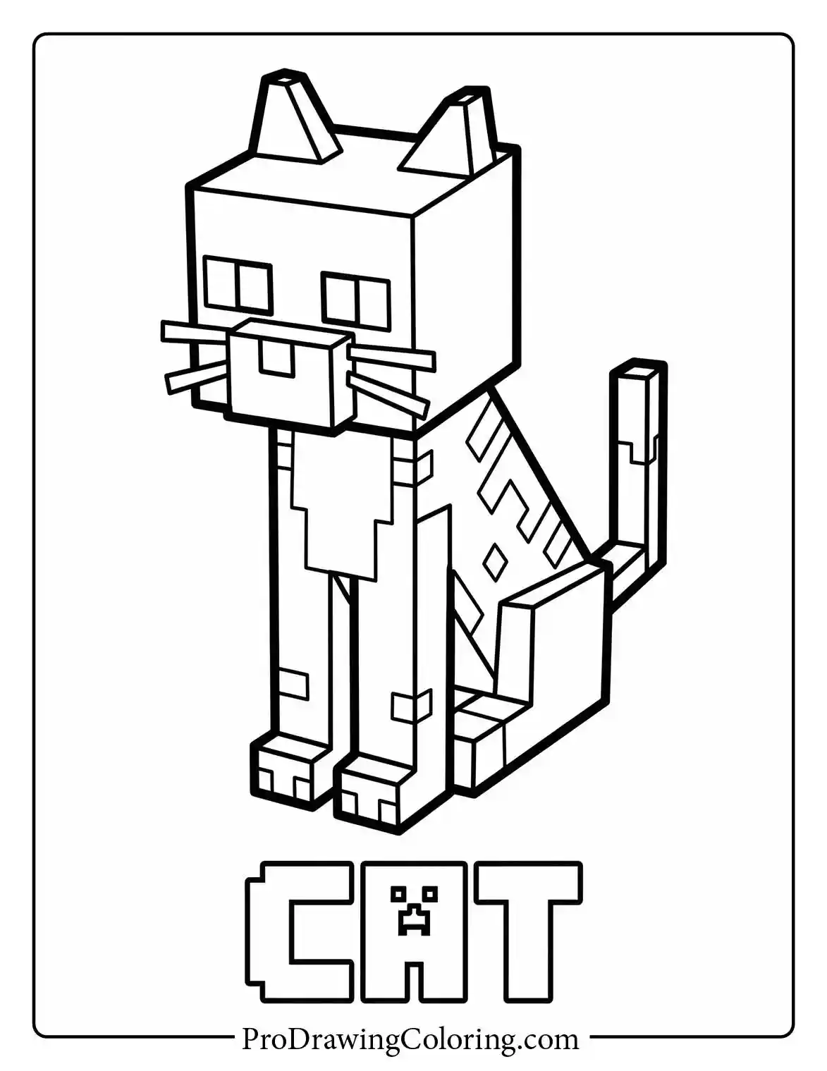 Minecraft cat coloring pages featuring a cute sitting cat with whiskers and a long tail, ready for some bright colors.