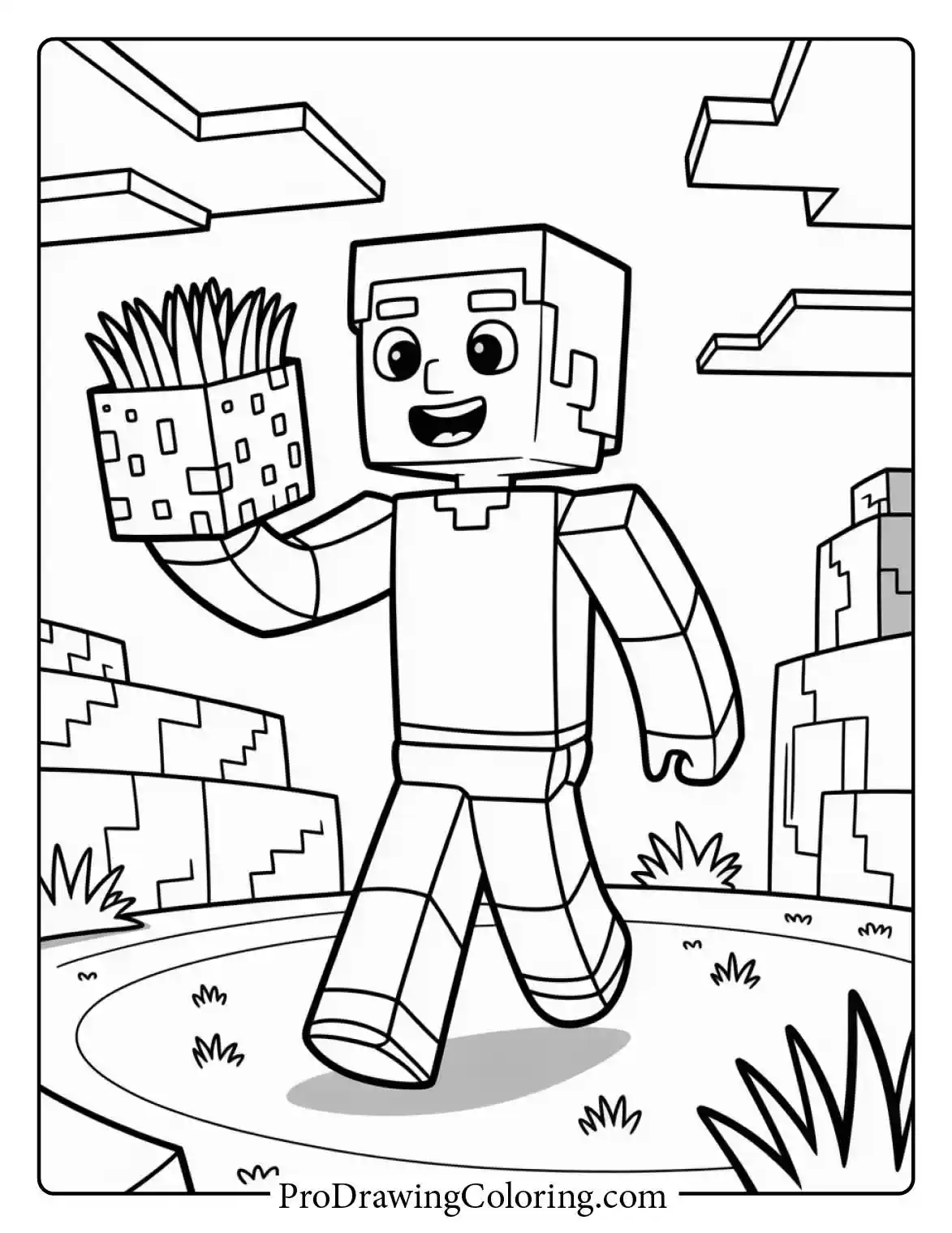 Free minecraft coloring pages printable featuring a funny character holding a box of fries in a grassy landscape under clouds.