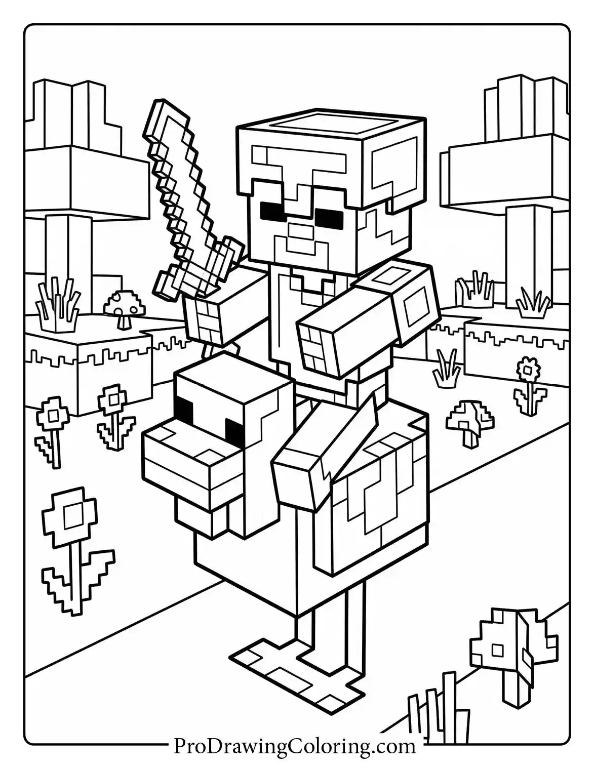 Printable coloring page of a rare Minecraft chicken jockey featuring a small zombie riding a chicken through the forest.