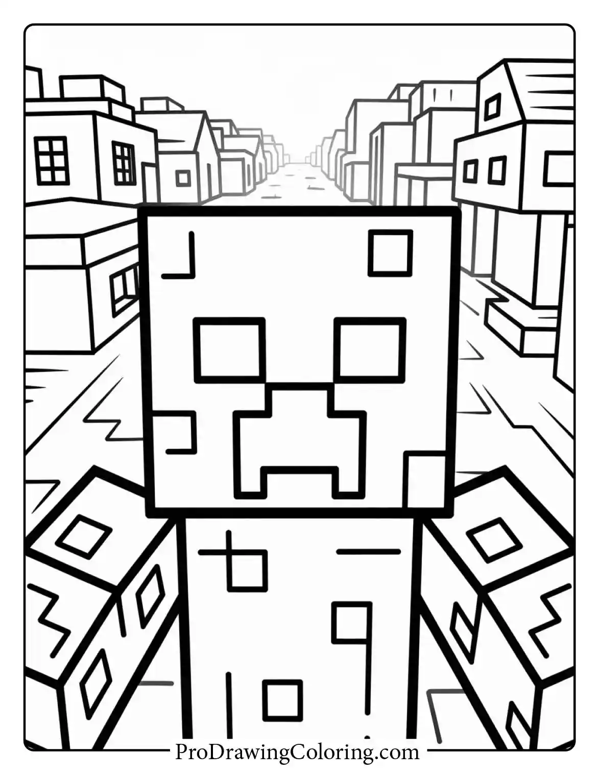 Unique urban Minecraft coloring page of a Creeper standing in a long city street lined with tall blocky buildings and windows.