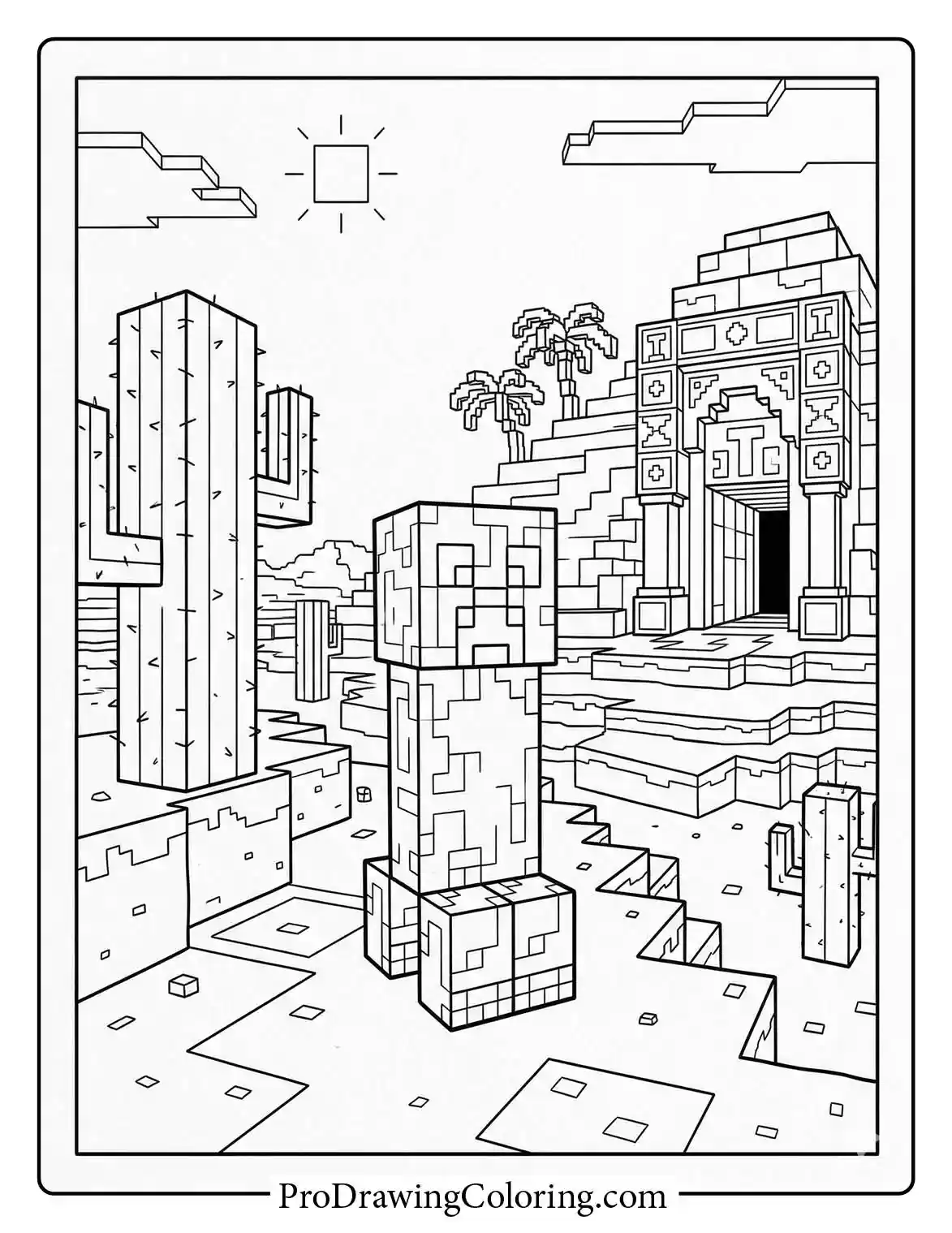 Detailed desert-themed Minecraft coloring sheet featuring a Creeper among tall cacti in front of a mysterious ancient temple entrance.