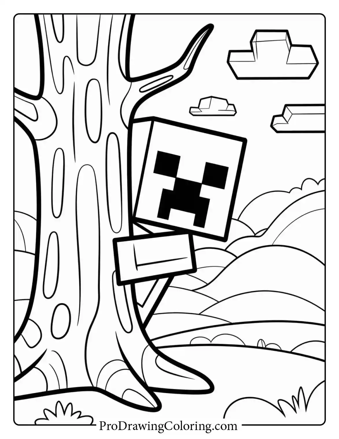 Fun Minecraft coloring page to print showing a Creeper peeking from behind a thick tree in a hilly forest landscape.