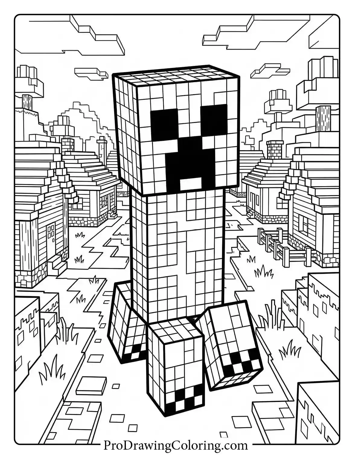 Coloring page of a classic Minecraft Creeper standing in a peaceful village with wooden houses and stone paths for kids.