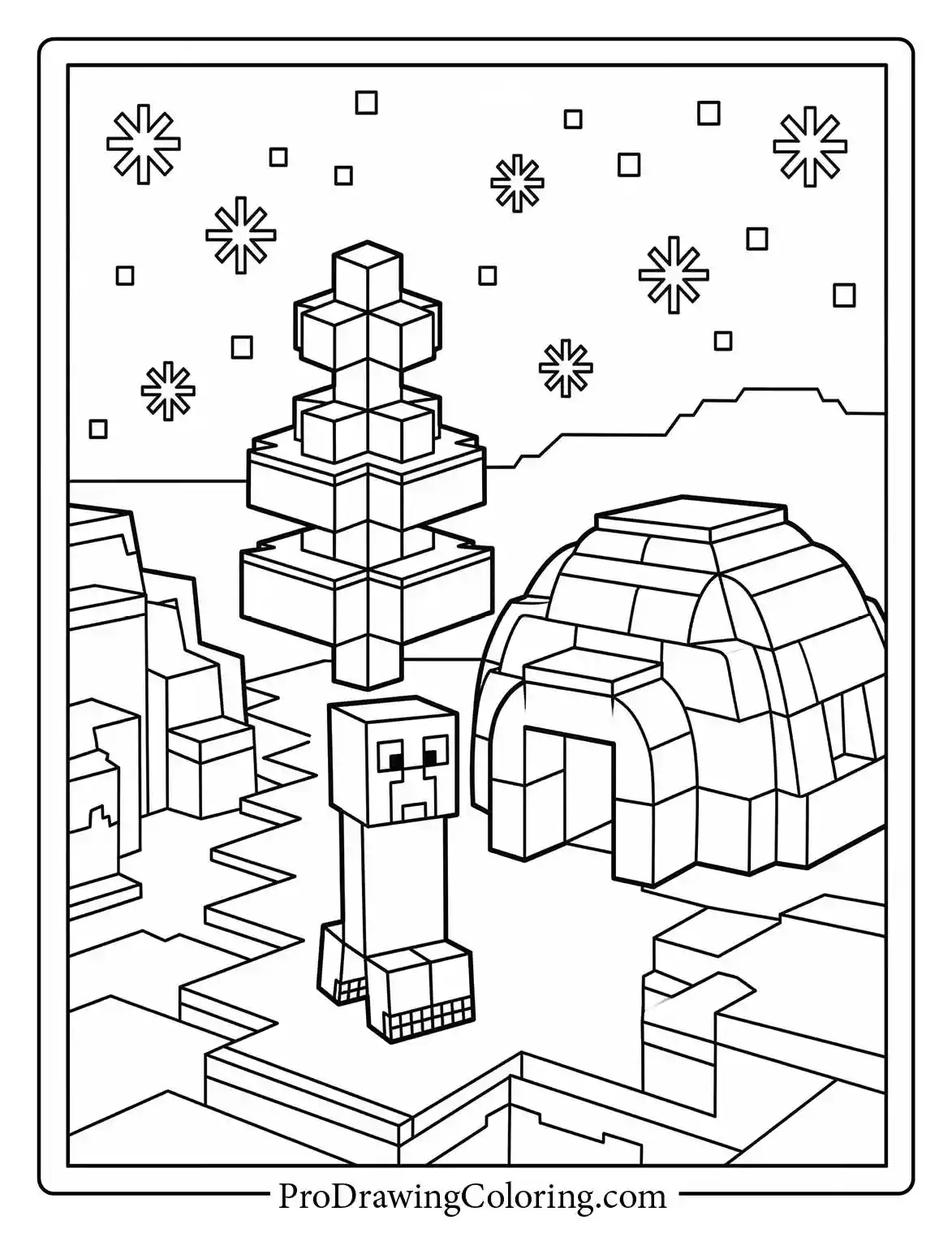 Coloring sheet of a Creeper wandering through a snowy Minecraft biome next to an igloo under a sky of snowflakes.
