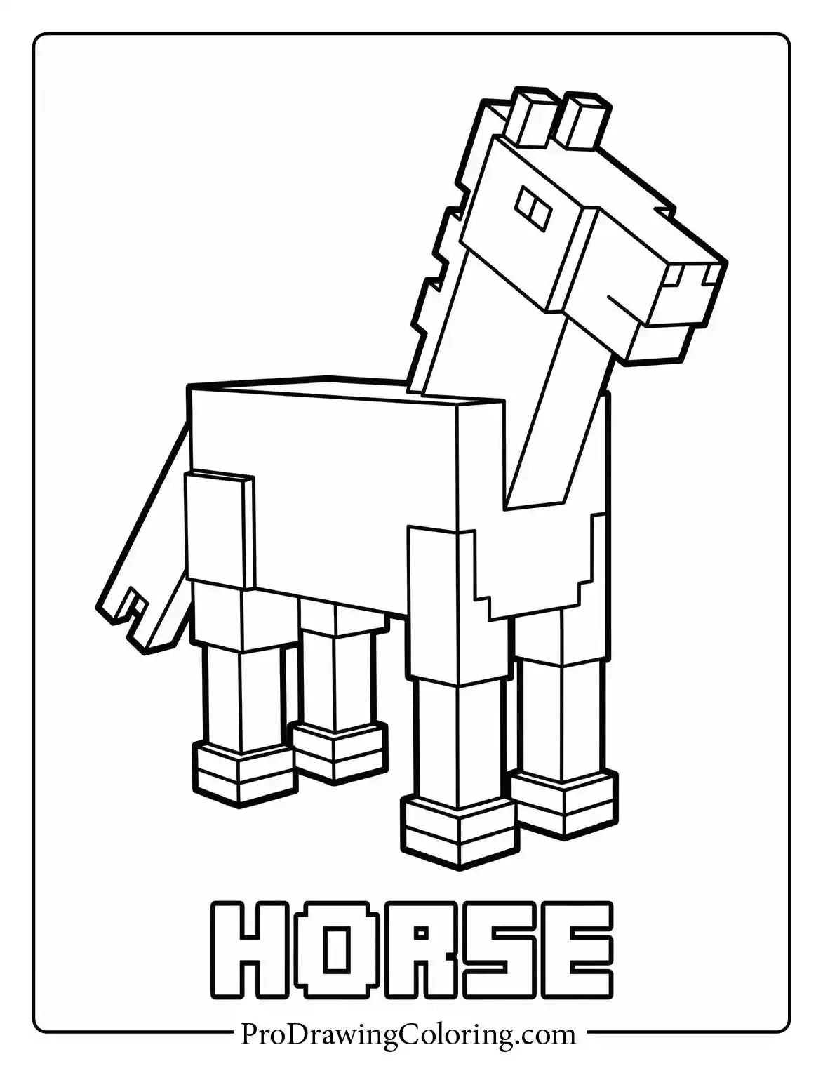Minecraft animal coloring pages featuring a blocky horse standing tall and ready for an adventure in the plains biome.