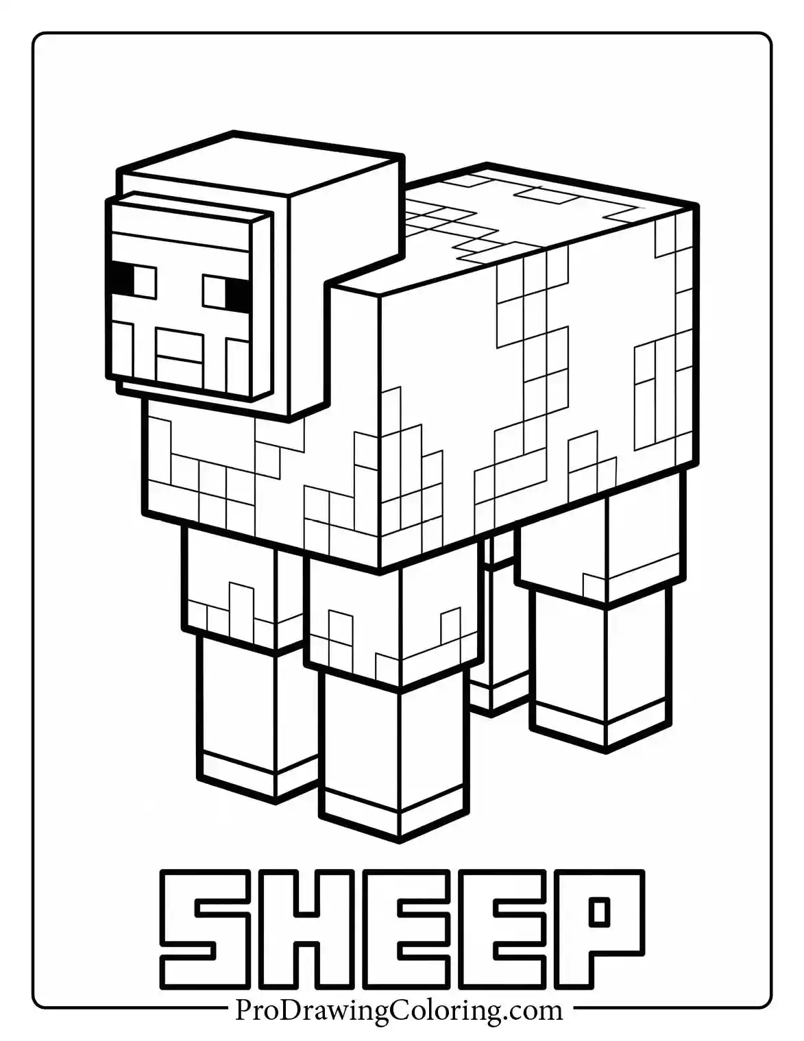 Printable minecraft coloring pictures of a fluffy sheep standing in a field, showing its woolly texture in a blocky style.