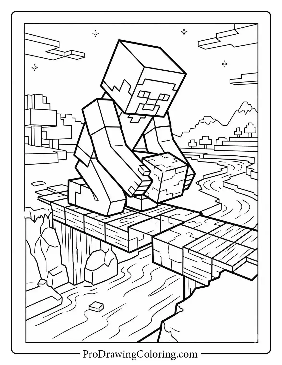 Fantastic minecraft printable sheets of Steve carefully placing wooden blocks to build a sturdy bridge over a flowing river.
