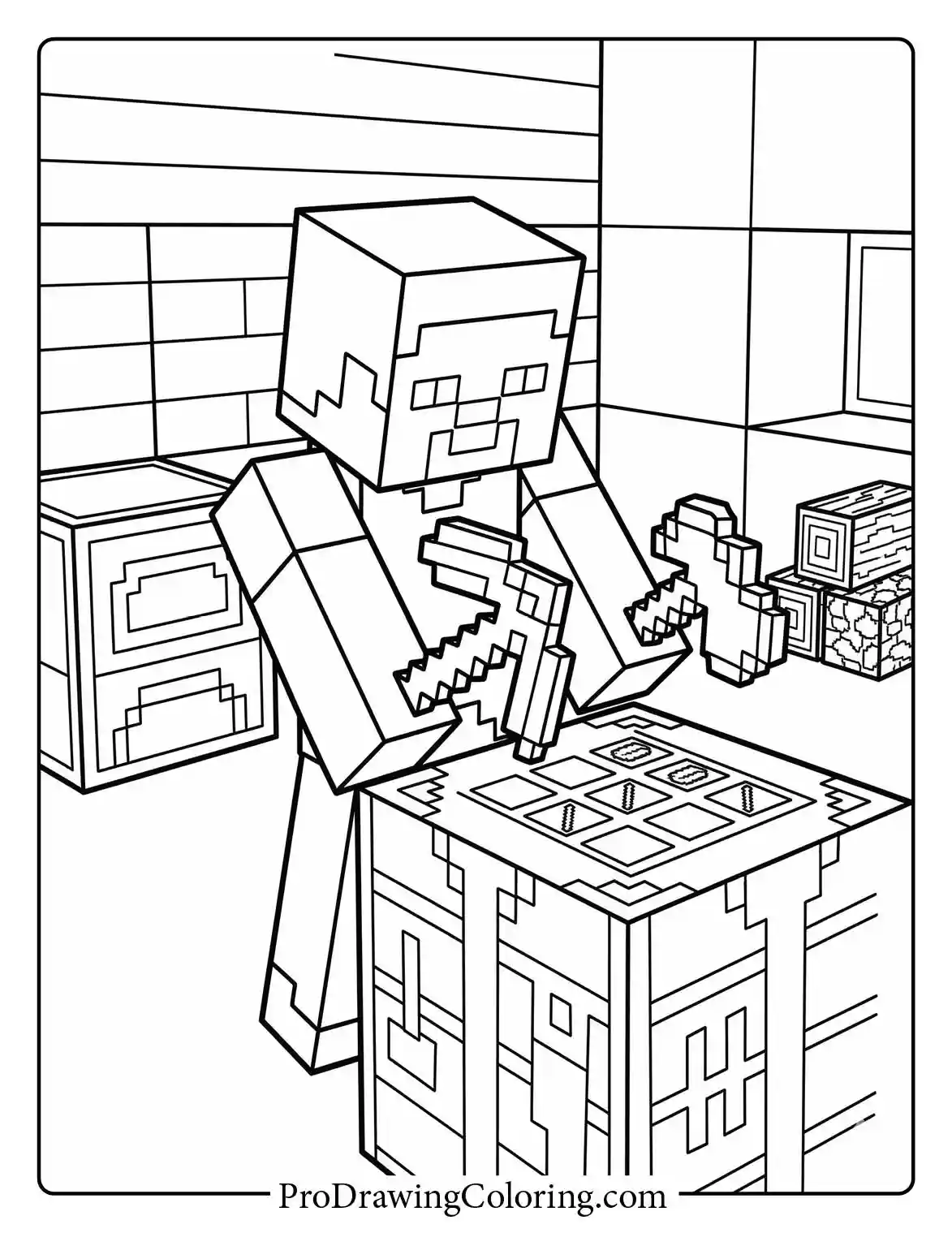 Great minecraft in pictures showing Steve carefully using a wooden crafting table to create new tools and essential items.