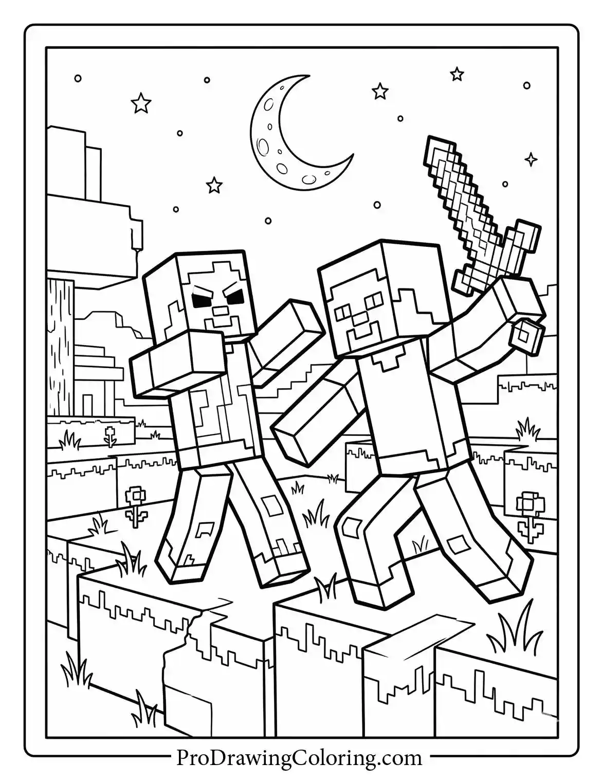 An intense action minecraft zombie sheet showing Steve bravely fighting a scary zombie under the moonlight near some blocky hills.