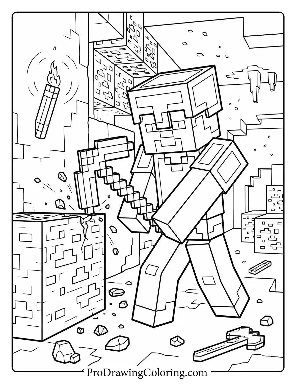 A classic minecraft pickaxe sheet of Steve actively mining stone and valuable ore deep underground with his trusty iron pickaxe.