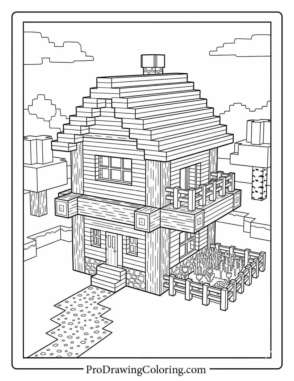 Minecraft house coloring pages featuring a beautiful two-story wooden home with a garden, windows, and a chimney to color.