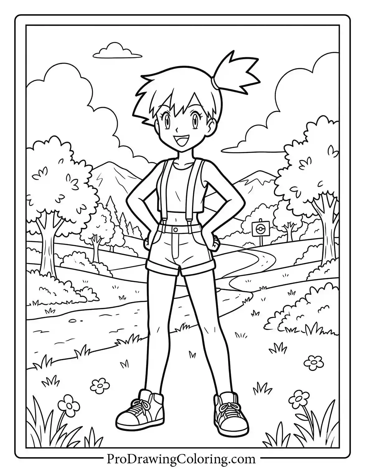 Misty stands in a vast field of wildflowers, a beautiful Pokemon colouring sheet for fans.