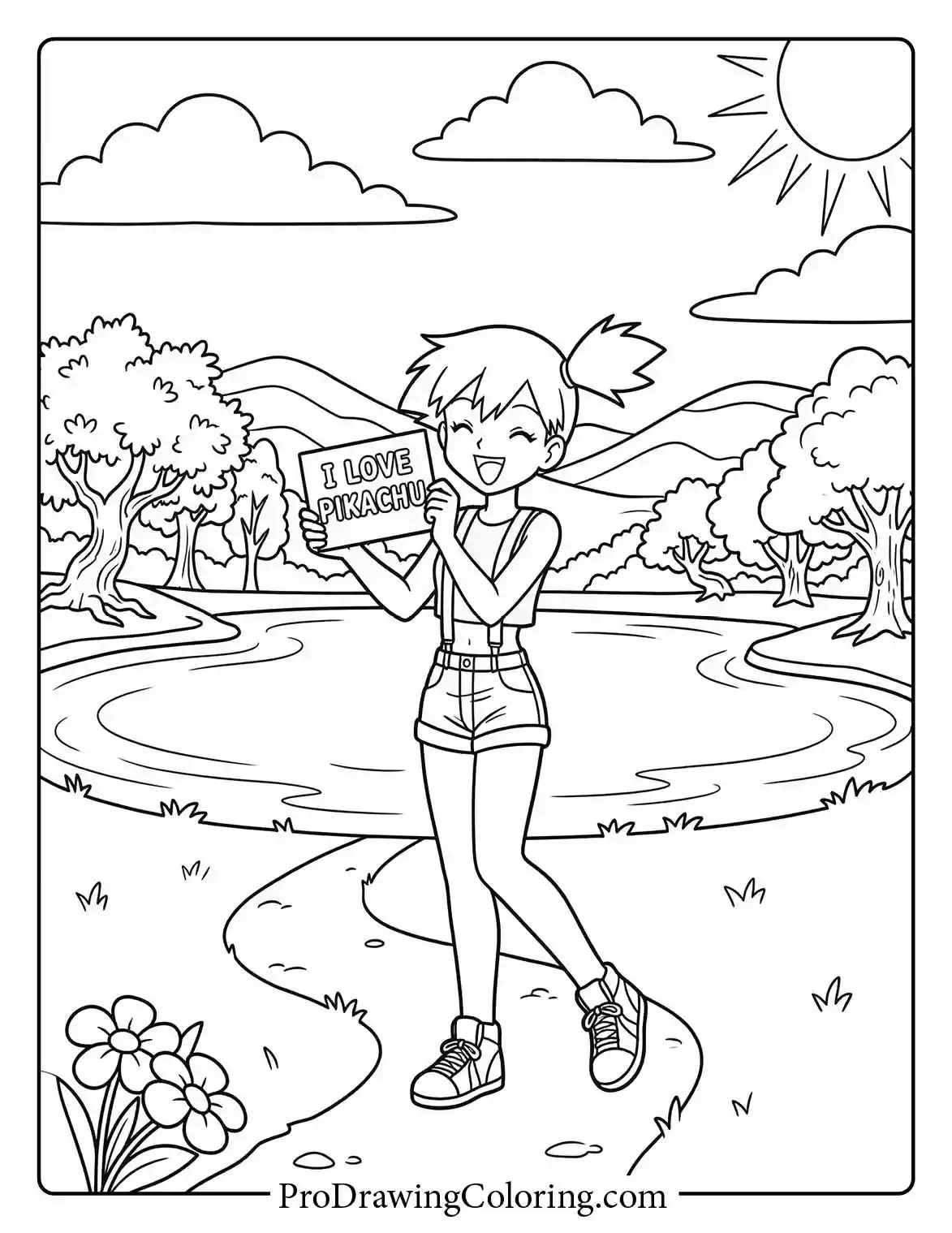 Misty stands by the shore of a calm lake holding a sign, a serene Pokemon coloring sheet.