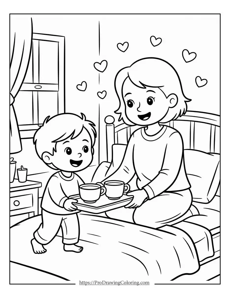 Child bringing breakfast to mom in bed with hearts around, sweet Mother’s Day coloring page