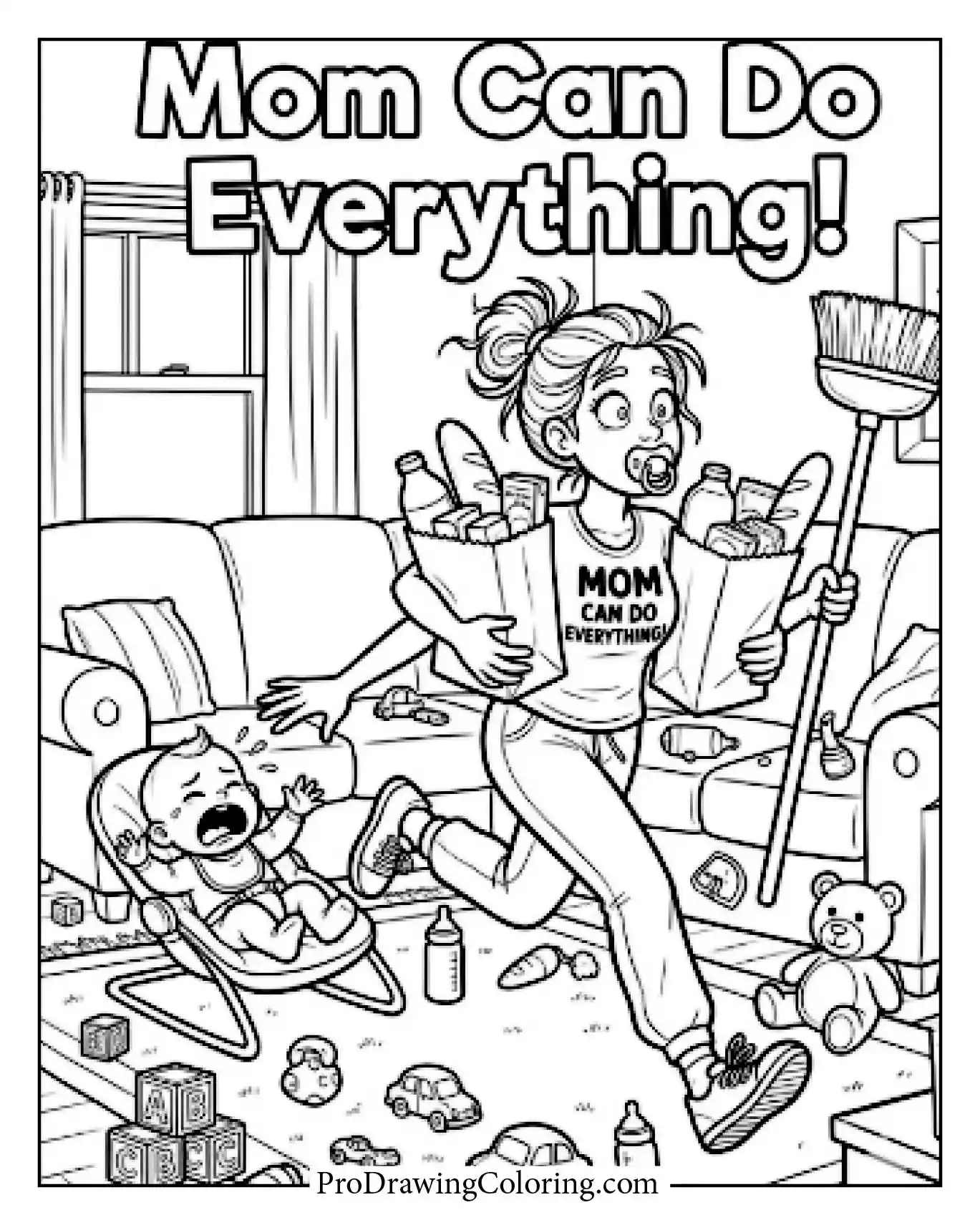 Funny super mom doing it all, running through a messy living room. A perfect printable coloring page for mothers day from Pro Drawing Coloring.