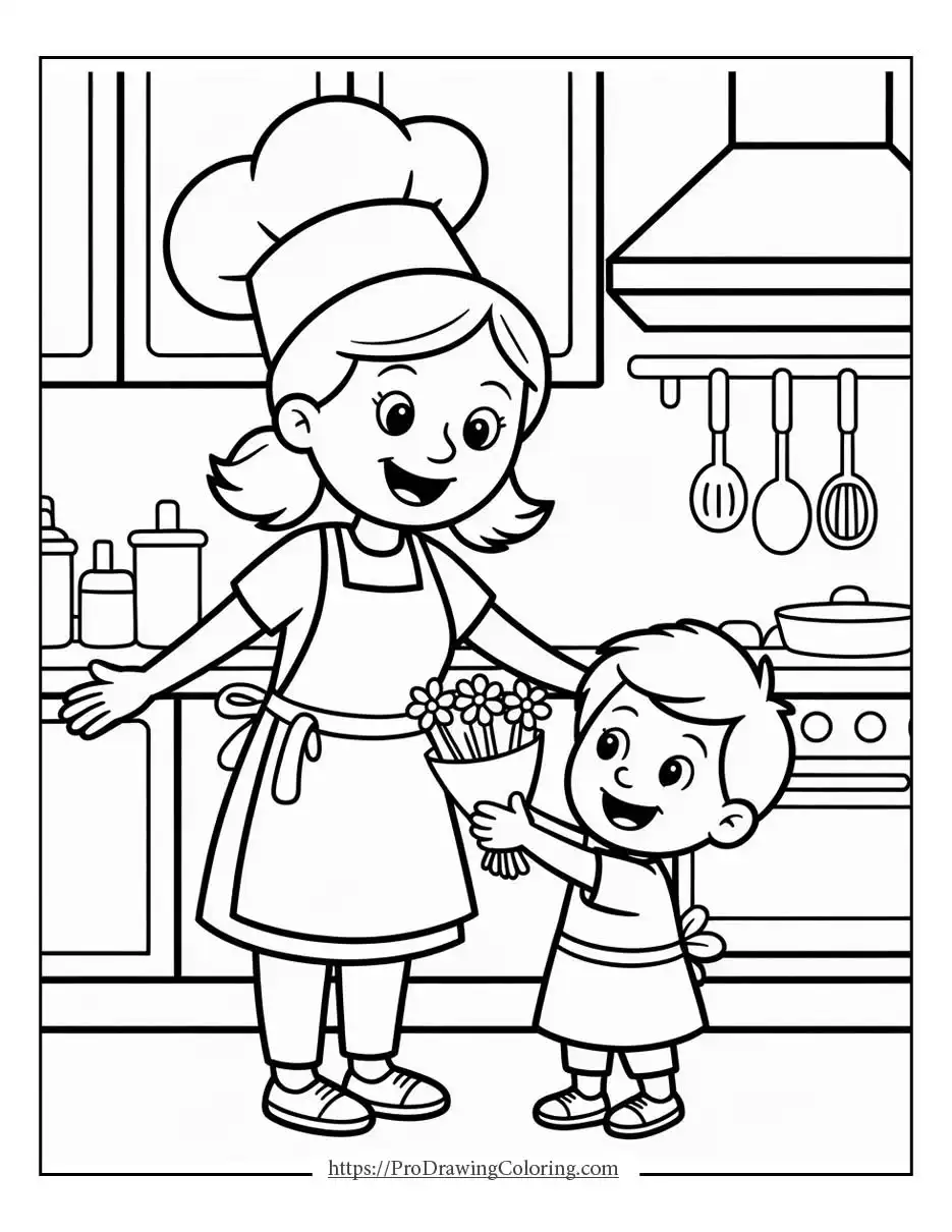 Child offering flowers to mom while cooking in the kitchen, cheerful Mother’s Day coloring page