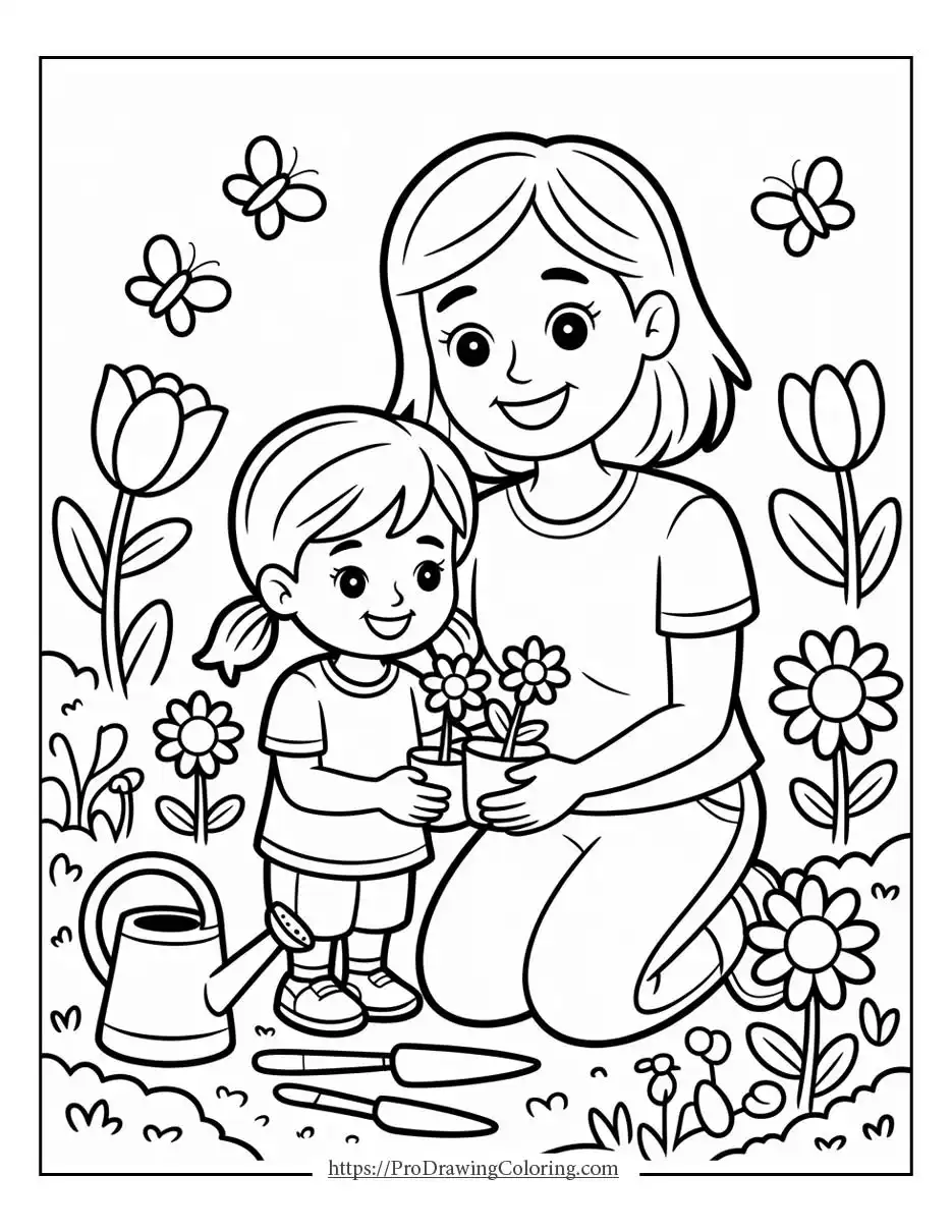 Mother and child planting flowers together in the garden, peaceful Mother’s Day coloring page