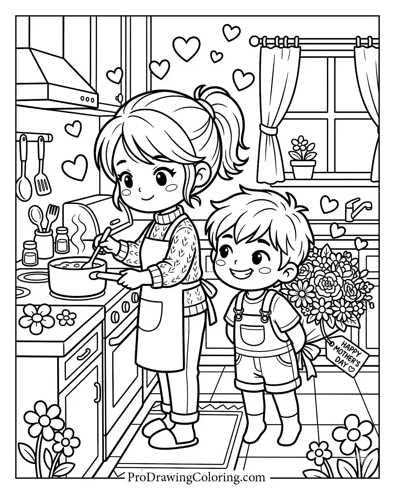 Mother and son cooking a delicious meal together at the stove. A highly detailed printable coloring page for kids who love helping mom.