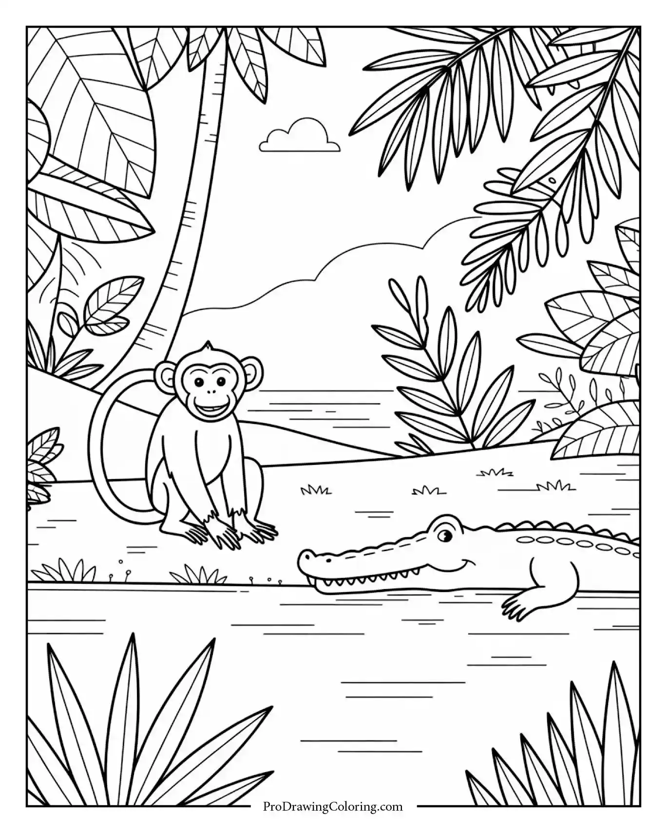 Monkey near crocodile by river, printable monkey coloring sheet with natural jungle details.