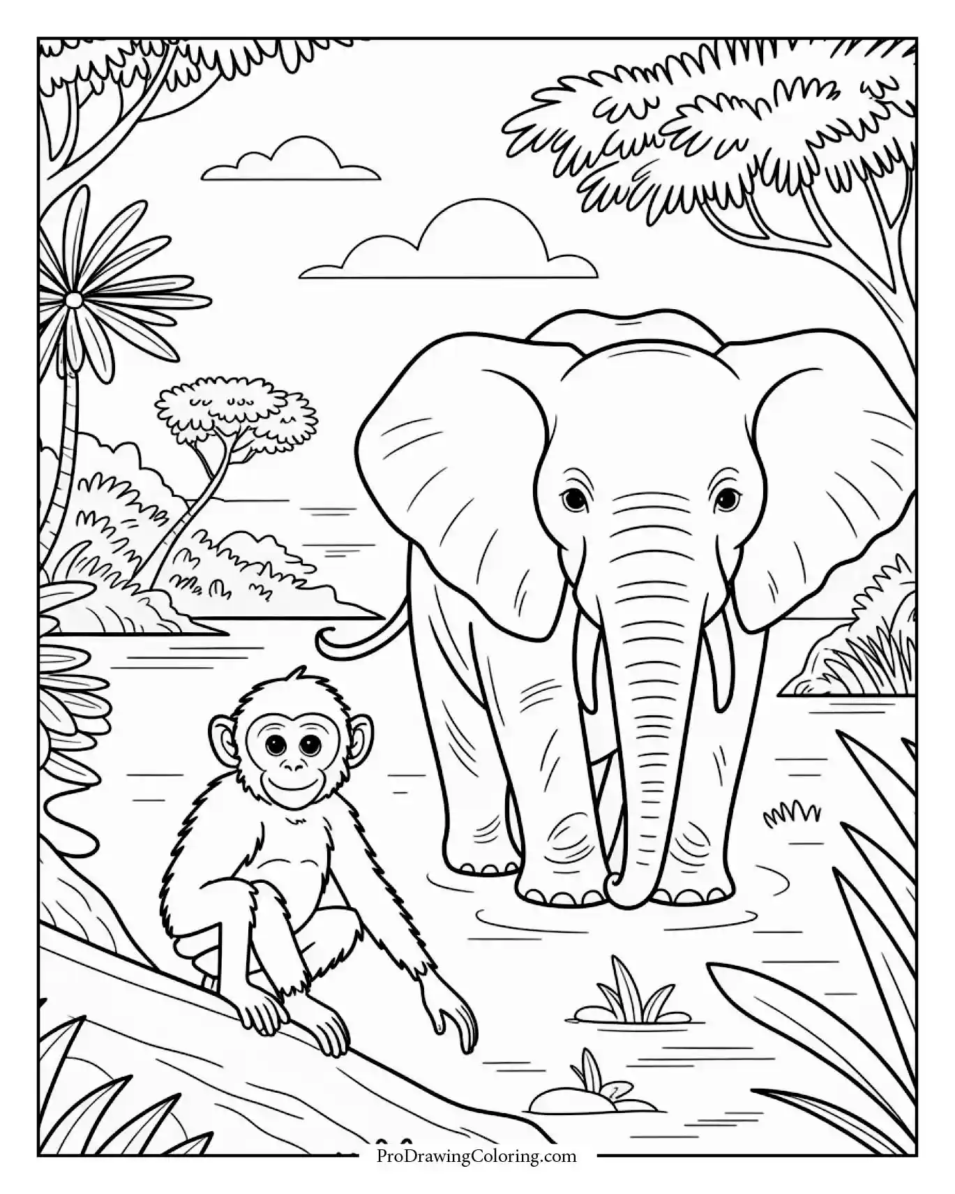 Monkey sitting near elephant by river in African jungle.