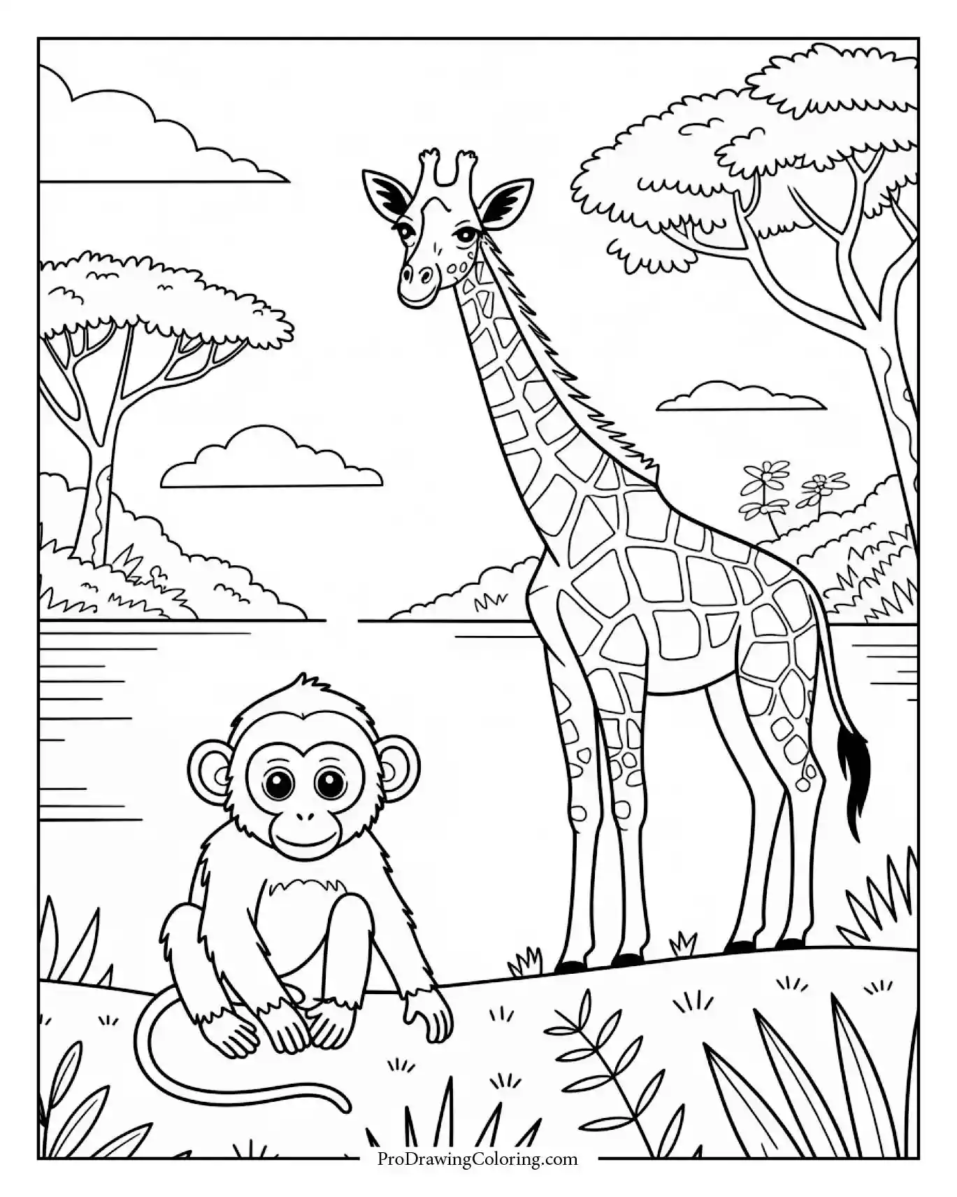 Monkey near giraffe at riverbank, relaxing printable monkey coloring page for adults.
