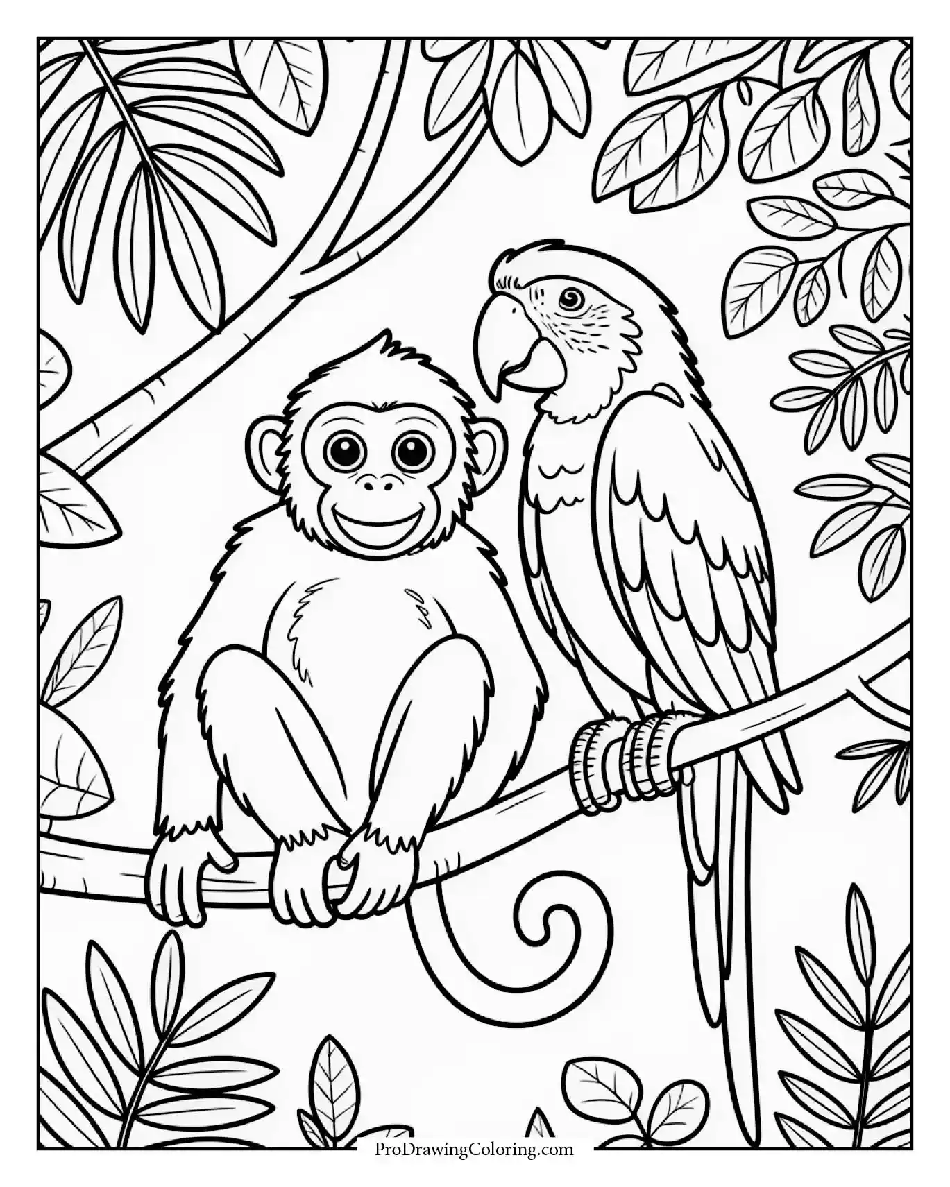Monkey and parrot together on tropical tree, monkey coloring page with jungle theme.