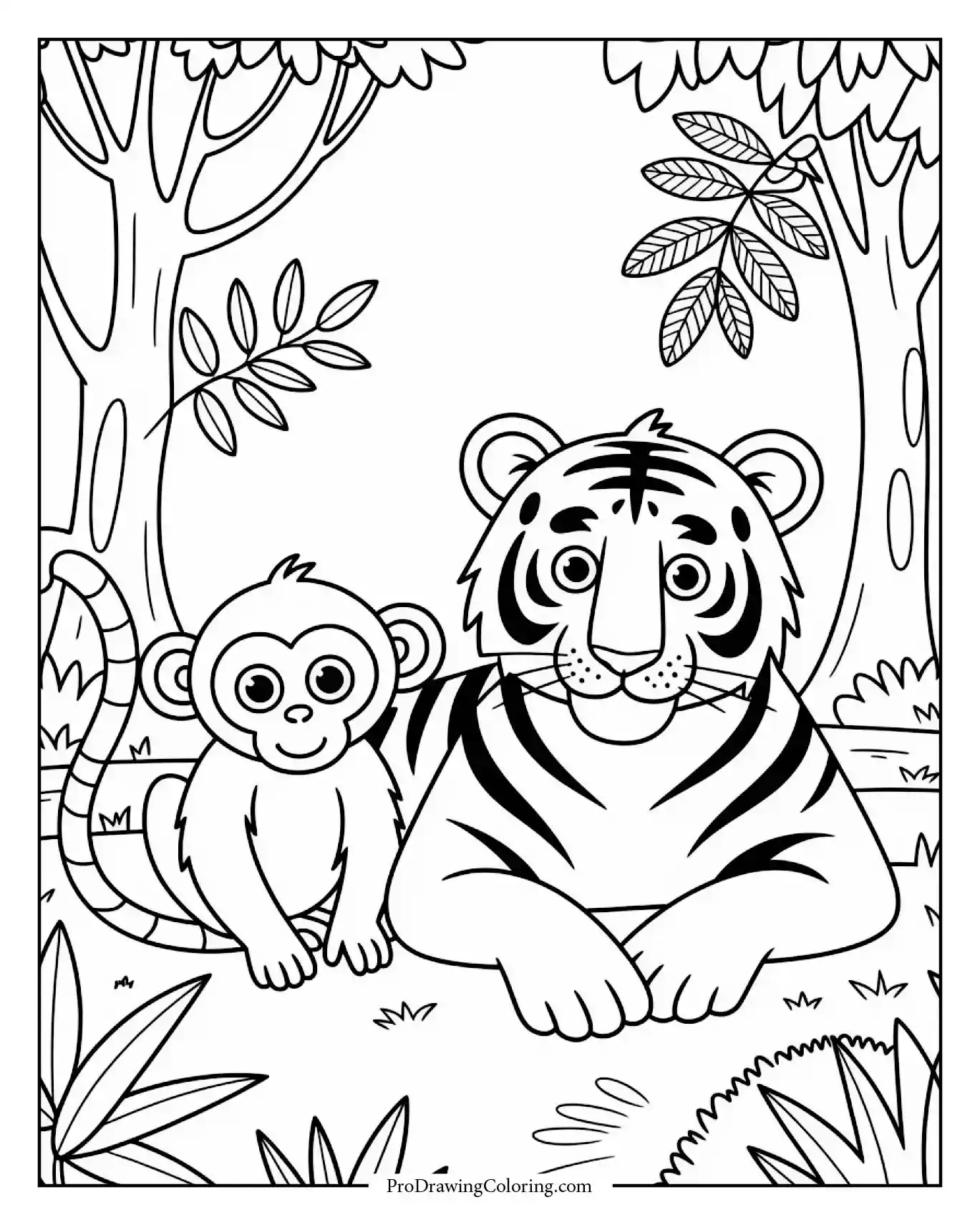Monkey and tiger together in forest clearing.